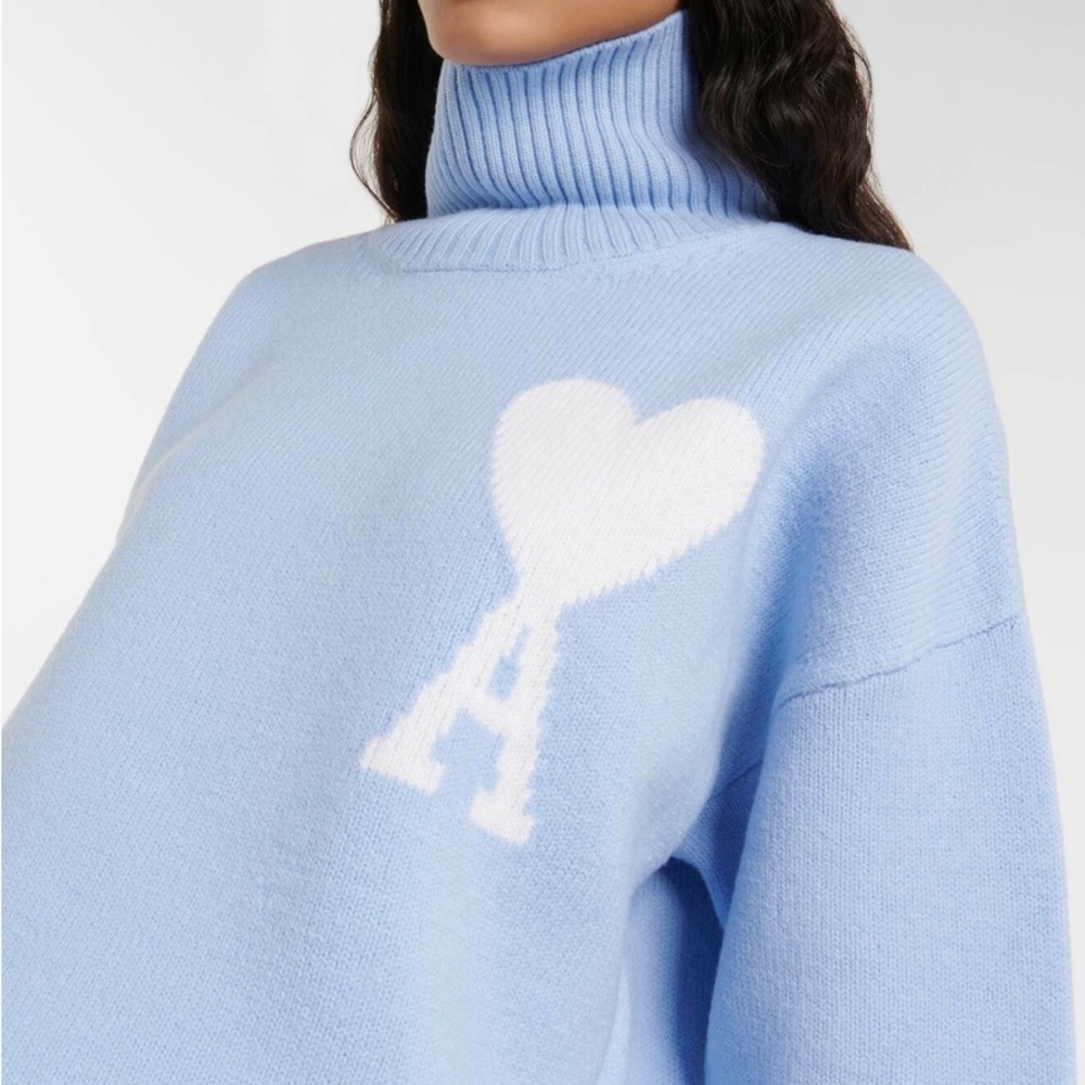 Ami Blue and White Cowl Turtleneck Sweater with Heart Design